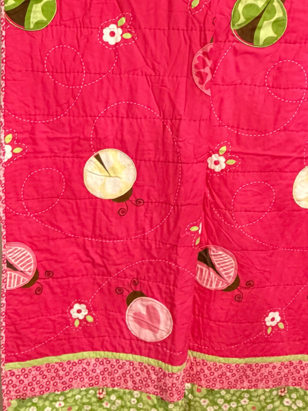 Circo Pink and Lime Floral Ladybug Quilt Set gently used full/queen size - Picture 9 of 14